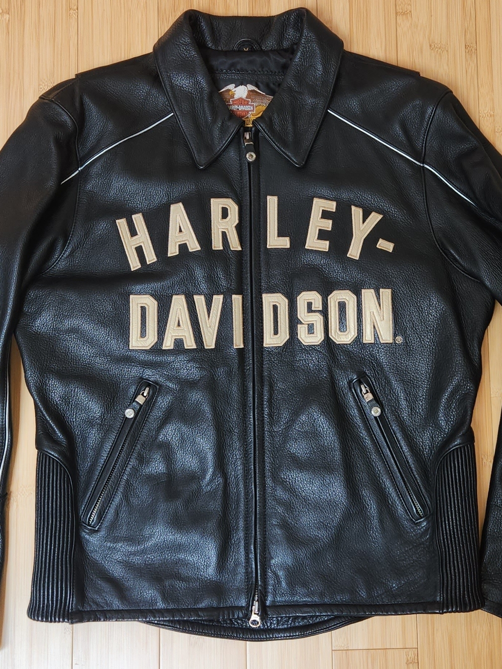 Vintage 100th Harley-Davidson Black Leather Zip-Front Jacket W/ Gold Lettering M